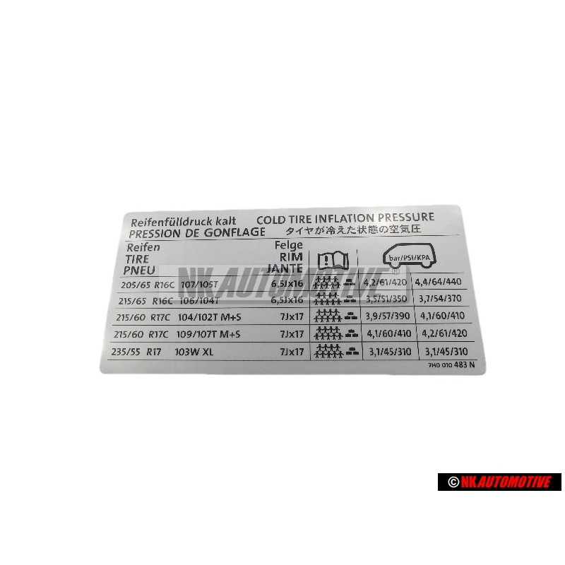 Original VW Data Plate For Tyre Pressure - 7H0010483N