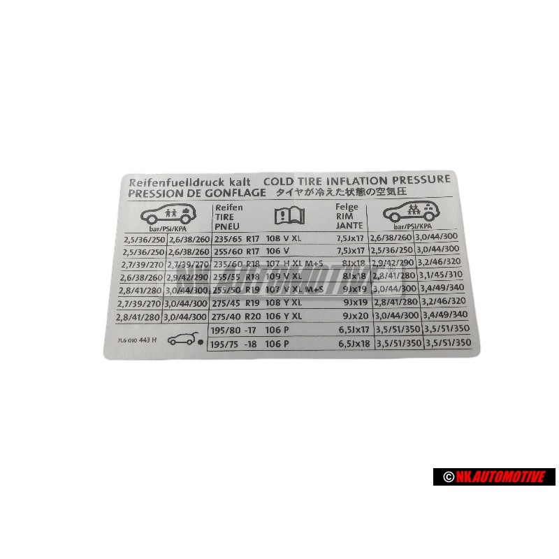 Original VW Data Plate For Tyre Pressure - 7L6010443H