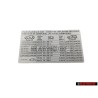 Original VW Data Plate For Tyre Pressure - 7L6010443H