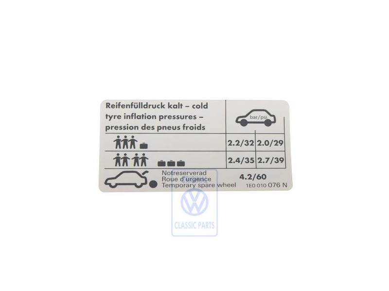 Original VW Data Plate For Tyre Pressure - 1E0010076N