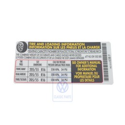 Original VW Data Plate For Tyre Pressure - 1K0010658F
