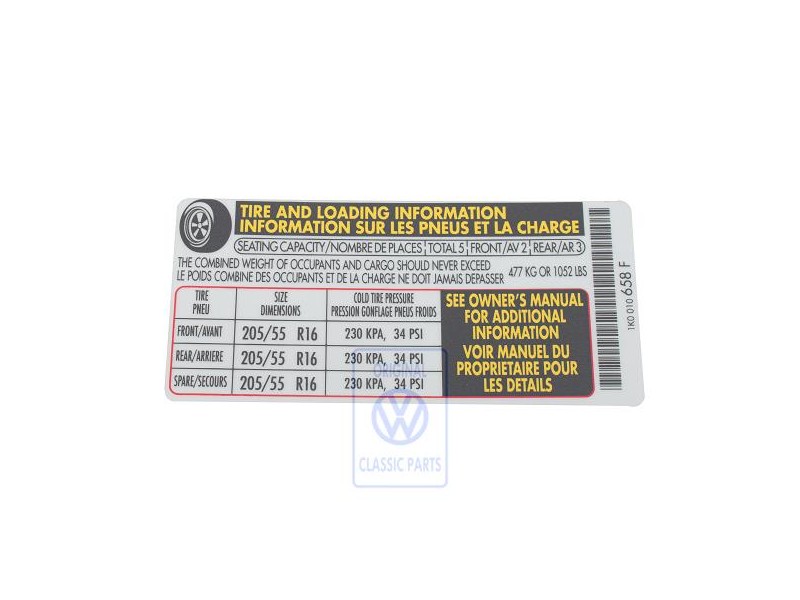 Original VW Data Plate For Tyre Pressure - 1K0010658F