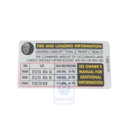 Original VW Data Plate For Tyre Pressure - 1Q0010386L