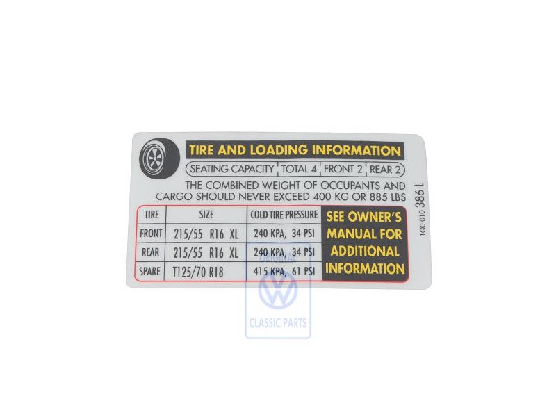 Original VW Data Plate For Tyre Pressure - 1Q0010386L