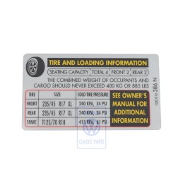 Original VW Data Plate For Tyre Pressure - 1Q0010386N