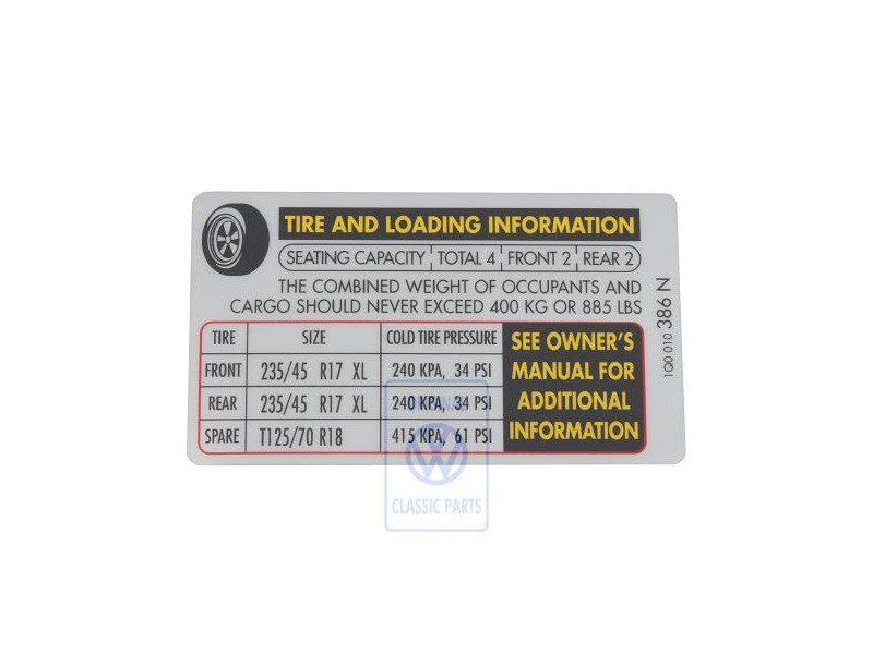 Original VW Data Plate For Tyre Pressure - 1Q0010386N