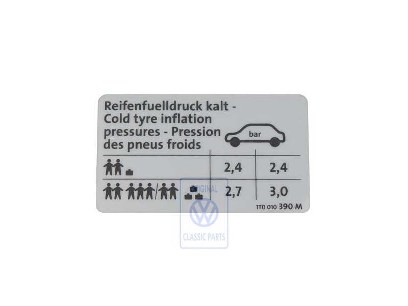 Original VW Data Plate For Tyre Pressure - 1T0010390M