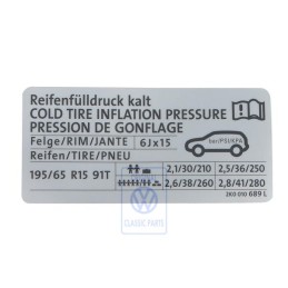 Original VW Data Plate For Tyre Pressure - 2K0010689L
