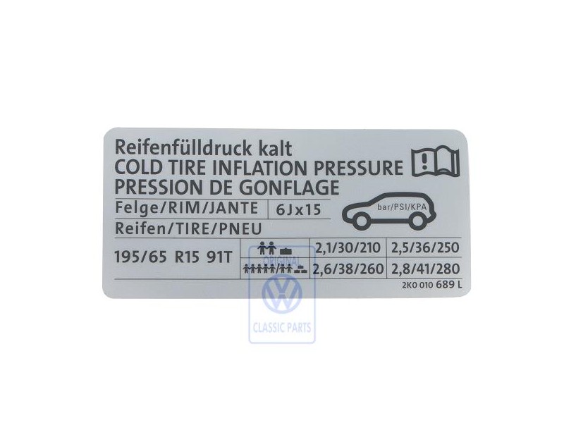 Original VW Data Plate For Tyre Pressure - 2K0010689L
